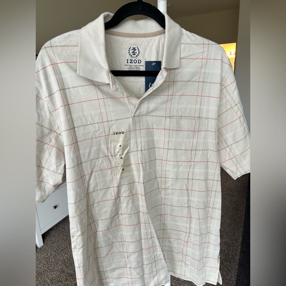 IZOD Men's Light Beige and Red Plaid Polo